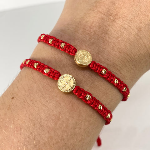 Pulsera tejida Pareja Herraje San Benito / BD 8uni 3mm / Hilo Rojo Oro amarillo 1,25 Gr †