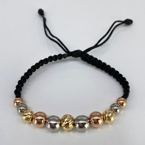 Pulsera tejida Bolas Lisas 8-  6 mm Y Diamantada 8 - 7 mm  Hilo Negro Tres oros 18k 2,97 Gr *