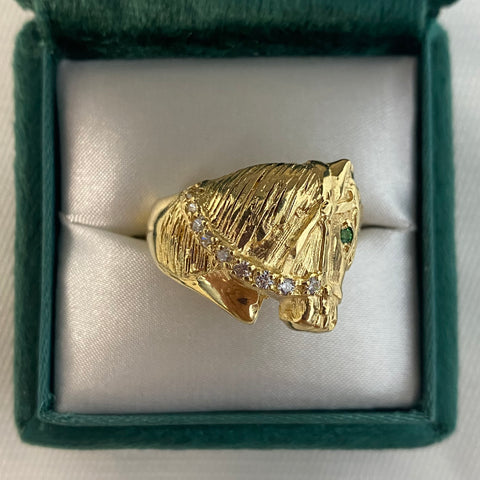 Anillo Caballo con Circones Blancos y Verde Oro amarillo 18k / Talla 11 / 7,65 Gr
