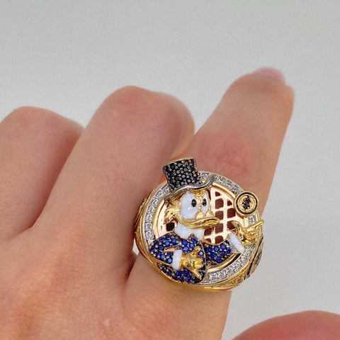 Anillo Caricatura Pato Signo $ Circones Blancos Azules Y Negros Oro amarillo y Oro blanco 18k / Talla 10 / 15,39 Gr *