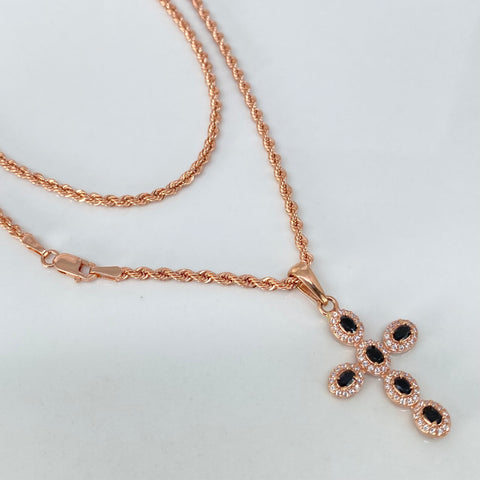 Set Cadena  Lazo + Dije Cruz Circones Blancos Negros Oro rosa 18k 5,05 Gr / 2,2 mm / 50 Cm †