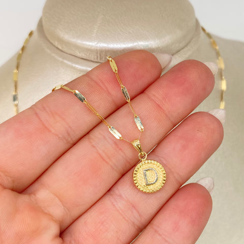 Set Cadena ● Flor Espejo + Dije Letra D Diamantada Oro amarillo 18k 2,1 Gr / 1,7 mm / 45 Cm †