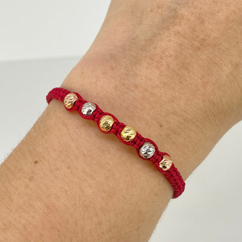Pulsera tejida Bolas Diamantadas 6uni 5mm / Hilo Rojo Tres oros 18k 0,68 Gr *