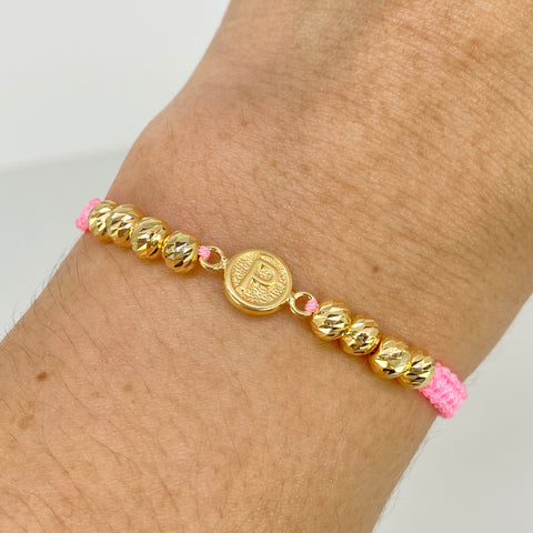 Pulsera tejida Herraje Letra P / BD 8uni 5m / Hilo Rosa Oro amarillo 18k 1,15 Gr *