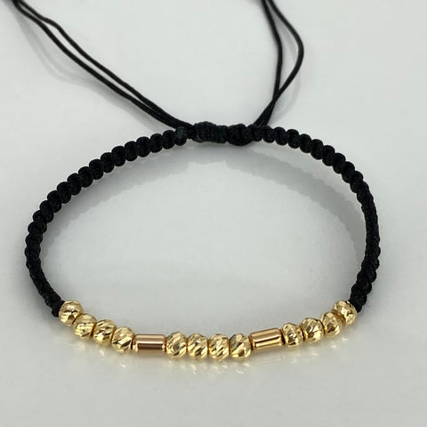Pulsera tejida Bolas Diamantadas 12uni 4mm Cilindros Lisos 2uni / Hilo Negro Oro amarillo 18k 1 Gr *