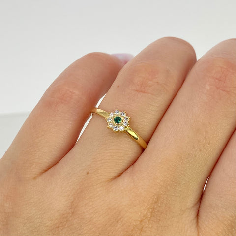 Anillo Flor Circones Blancos Verde Oro amarillo 18k / Talla 7 / 1,52 Gr *