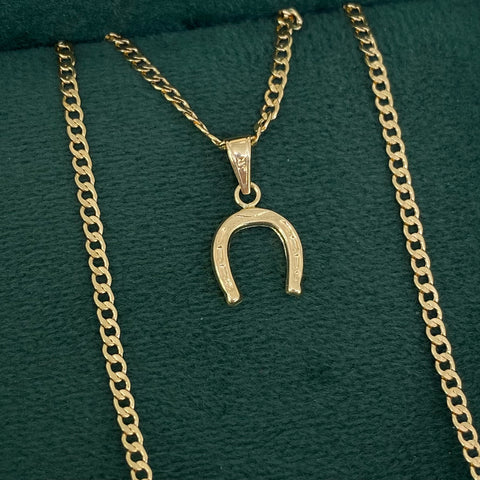 Set Cadena ● Cubana + Dije Herradura Oro amarillo 18k 2,08 Gr / 2 mm / 45 Cm *