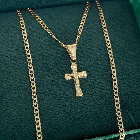 Set Cadena ● Cubana + Dije Cruz Cristo Oro amarillo 18k 2,66 Gr / 2 mm / 60 Cm *