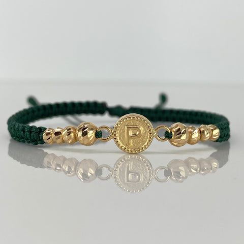 Pulsera tejida Herraje Letra P / BD 4/3mm 8uni / Hilo Verde Oro amarillo 18k 1,1 Gr *