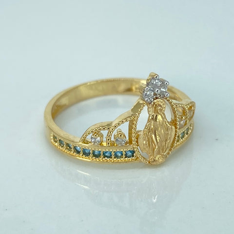 Anillo Virgen Milagrosa Circones Blancos Celestes Oro amarillo / Talla 6 3/4 / 2,41 Gr †