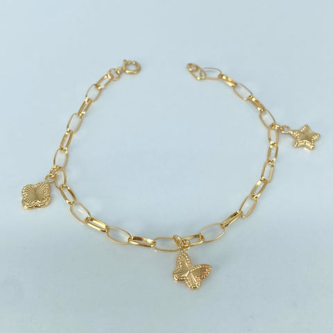 Pulso Cajon Dijes Trebol/Mariposa/Estrella Diamantados Oro amarillo 2,63 Gr / 3,3 mm / 17,5 Cm *