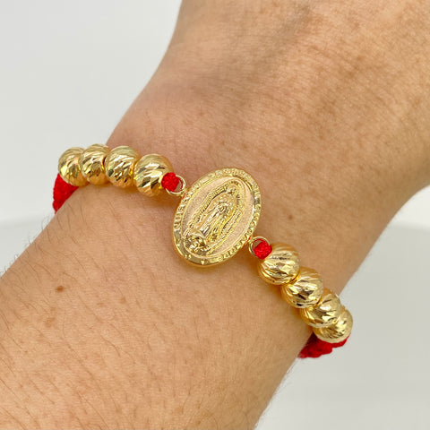 Pulsera tejida Herraje Virgen Guadalupe / BD 8uni 7mm / Hilo Rojo Oro amarillo 18k 2,7 Gr *