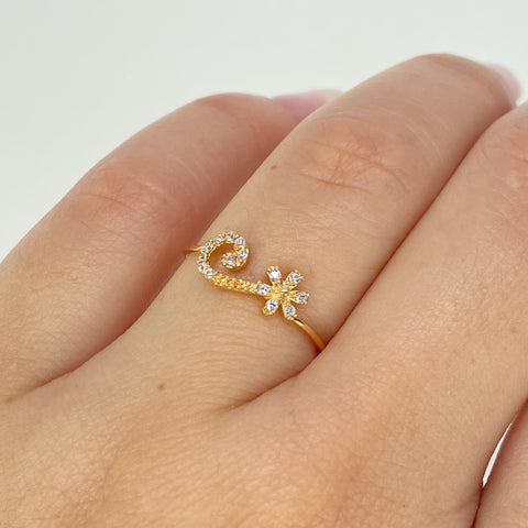 Anillo Flor Linea Curva Circones Blancos Oro amarillo 18k / Talla 6 1/4 / 0,85 Gr