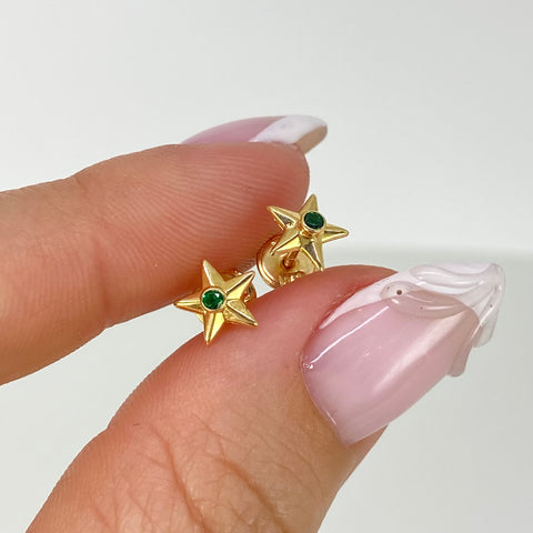 Topos Estrella Circon Verde Oro amarillo 18k 0,6 Gr / 7 mm †