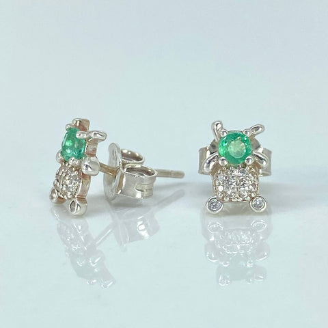 Topos Osos Esmeraldas 0.02Ct Circones Blancos Plata 925 1,23 Gr / 6 mm *
