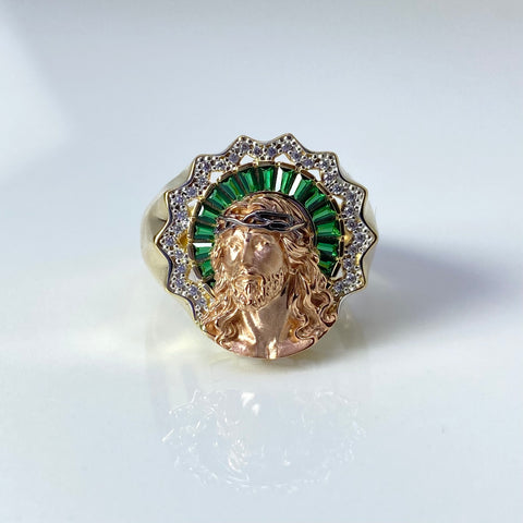 Anillo Contorno Rostro Cristo Circones Blancos Y Verdes Oro amarillo y Oro rosa 18k / Talla 11 / 8,30 Gr †