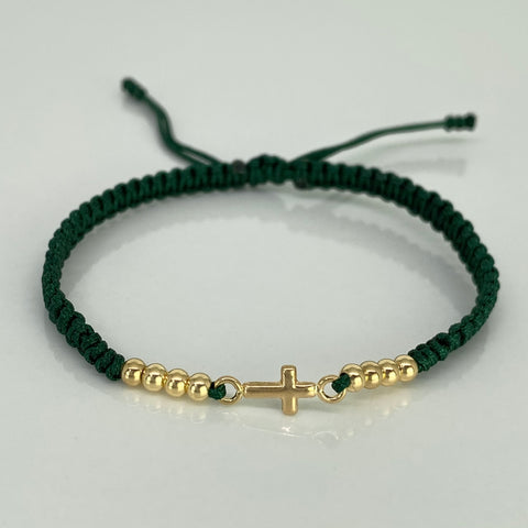 Pulsera tejida Herraje Cruz / BL 8uni 3mm / Hilo Verde Oro amarillo 18k 0,62 Gr †