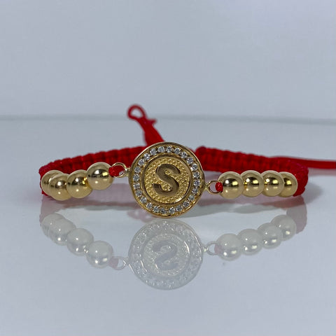 Pulsera tejida Herraje Letra S Circones Blancos / BL 5mm 8uni / Hilo Rojo Oro amarillo 18k 2,81 Gr *