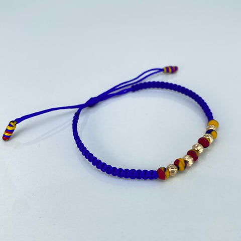 Pulsera tejida Colombia Bolas Diamantadas 5uni 4mm / Hilo Azul Neoprenos Oro amarillo 0,35 Gr *