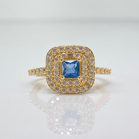 Anillo Solitario Cuadro Circones Blancos Y Azul Cielo Oro amarillo 18k / Talla 6 1/4 / 3,58 Gr *