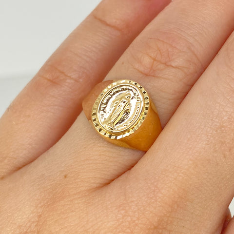 Anillo Sello Virgen Milagrosa Oro amarillo 18k / Talla 7 1/4 / 1,95 Gr *