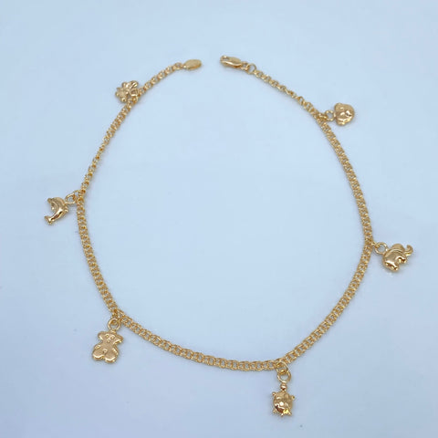 Tobillera Doble Aro Seguido Dijes Oso Oro amarillo 18k 3,79 Gr / 2,2 mm / 25 Cm †