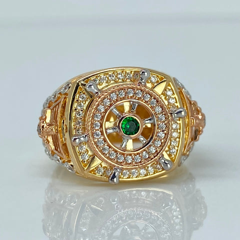Anillo Timón Girable Circones Verdes Y Blancos Tres oros 18k / Talla 9 3/4 / 10 Gr †