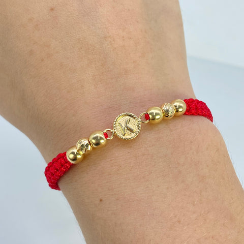 Pulsera tejida Herraje Letra K / BL 5mm 4uni / BD 5mm 2Uni / Hilo Rojo Oro amarillo 18k 1,22 Gr *