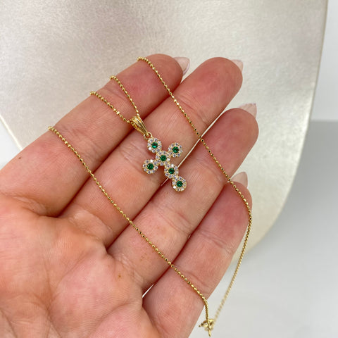 Set Cadena ● Mini Militar + Dije Cruz Circones Verdes Oro amarillo 18k 3,3 Gr / 1 mm / 45 Cm