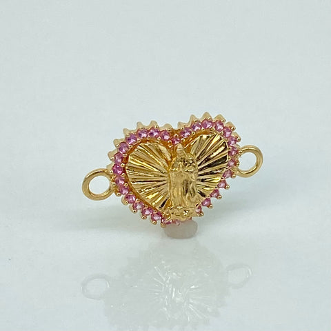 Herraje Corazon Virgen Guadalupe Circones Rosas Oro amarillo 18k 1,45 Gr / 1,9 Cm