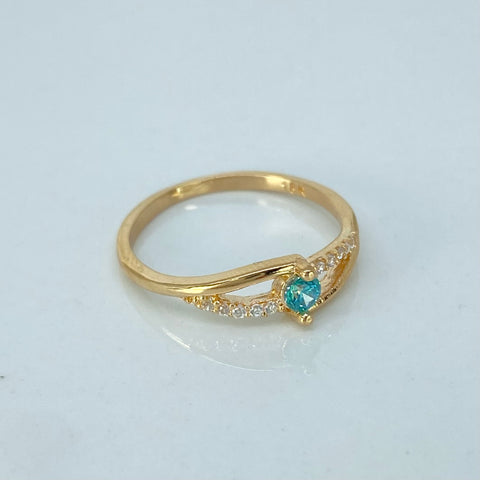 Anillo Solitario Circones Blancos Celeste Oro amarillo / Talla 6 1/4 / 1,9 Gr †