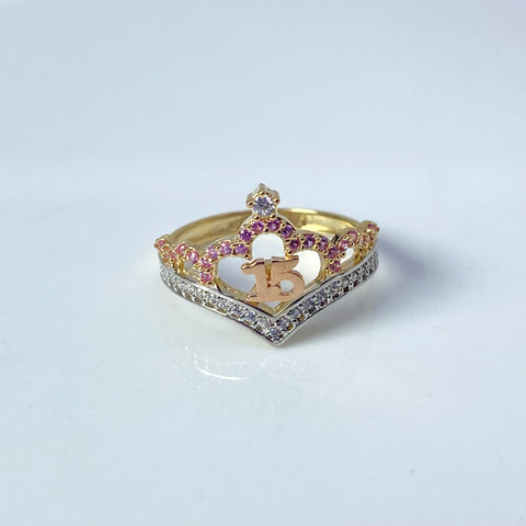 Anillo 15 Años Tiara Circones Rosas Y Blancos Tres oros 18k / Talla 6 / 2,57 Gr