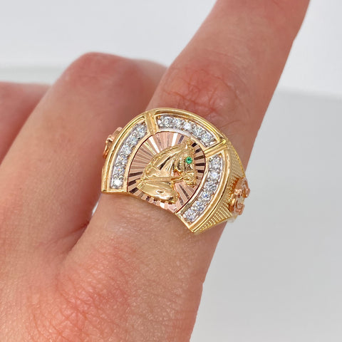 Anillo Caballo Circones Blancos Verdes Tres oros / Talla 10 1/4 / 7,75 Gr