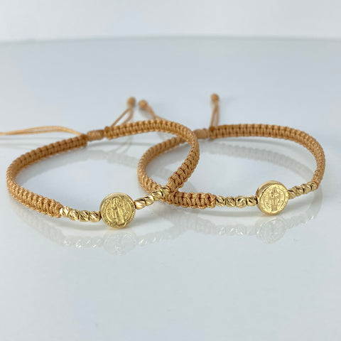 Pulsera tejida Pareja Herraje San Benito / BD 8uni 3mm / Hilo Beige Oro amarillo 1,25 Gr †
