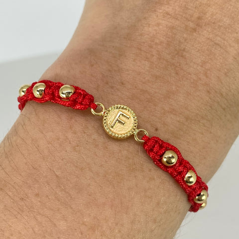 Pulsera tejida Herraje Letra F / BL 4mm 10uni / Hilo Rojo Oro amarillo 18k 1,42 Gr *