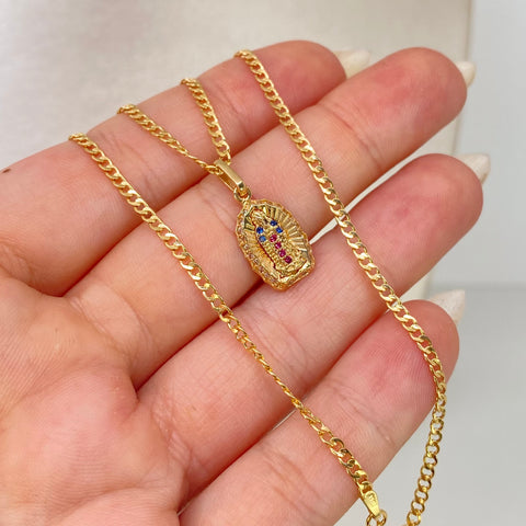 Set Cadena ● Cubana + Dije Virgen Guadalupe Azul Oro amarillo 18k 2,95 Gr / 2 mm / 45 Cm *