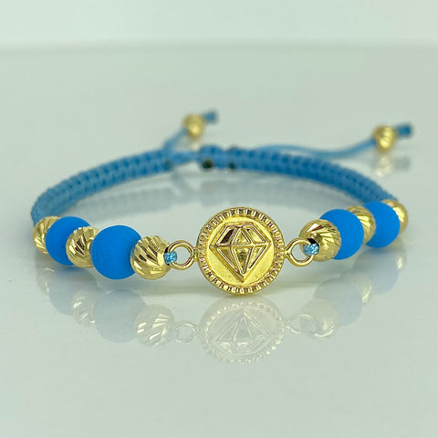 Pulsera tejida Herraje Diamante / BD 8uni 5mm / Hilo Celeste Oro amarillo 18k 1,78 Gr †
