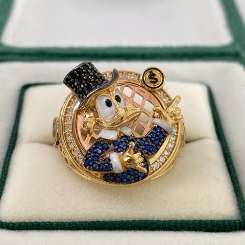 Anillo Pato Caricatura Circones Blancos Negros Y Azules Oro amarillo 18k / Talla 9 1/4 / 11,16 Gr