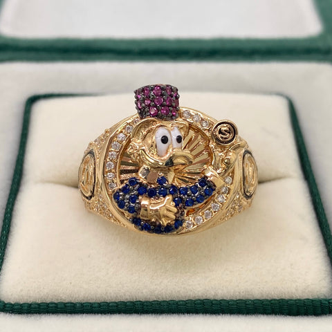 Anillo Pato Caricatura Circones Blancos Azules Y Fucsias Oro amarillo 18k / Talla 11 3/4 / 8,35 Gr *