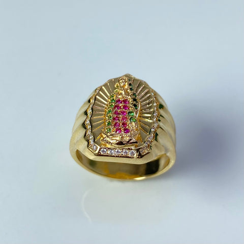 Anillo Contorno Virgen Guadalupe Circones Blancos Fucsias Y Verdes Oro amarillo 18k / Talla 7 1/2 / 6,88 Gr *