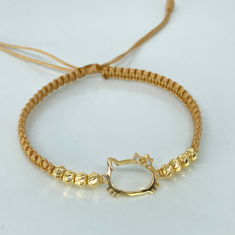Pulsera tejida Herraje Gato Circones Blancos / BD 8uni 4mm / Hilo Beige Oro amarillo 18k 1,41 Gr *