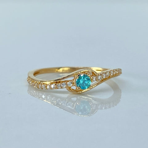 Anillo Solitario Circon Azul Blancos Oro amarillo / Talla 7 1/4 / 1,75 Gr *