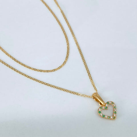 Set Cadena ● Escalera Plana + Dije Corazon Esmeraldas Oro amarillo 18k 1,75 Gr / 1 mm / 40 Cm †