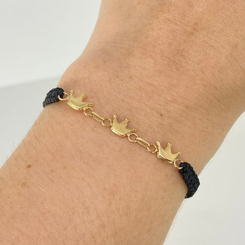 Pulsera tejida Herraje Coronas / Hilo Negro Oro amarillo 18k 0,77 Gr *