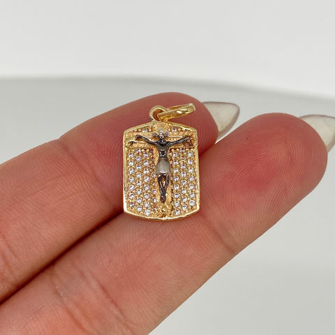 Dije Cruz Cristo Circones Blancos Oro amarillo y Oro blanco 18k 2,53 Gr / 2,3 Cm  *