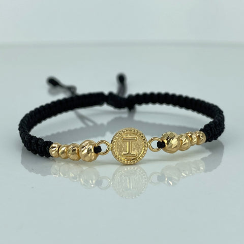 Pulsera tejida Herraje Letra I / BD 8uni 5/4/3mm / Hilo Negro Oro amarillo 18k 1,03 Gr *
