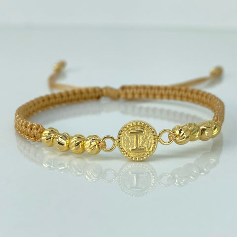 Pulsera tejida Herraje Letra I / BD 10uni 4/3mm / Hilo Beige Oro amarillo 18k 1,07 Gr †