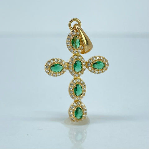 Dije Cruz Circones Ovalados Verdes Blancos Oro amarillo 1,95 Gr / 3,3 Cm