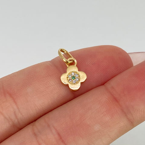 Dije Flor Circones Blancos Verde Oro amarillo 18k 0,71 Gr / 1,5 Cm  *