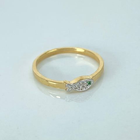 Anillo Pez Circones Blancos Verde Oro amarillo y Oro blanco 18k / Talla 6 1/4 / 1,73 Gr